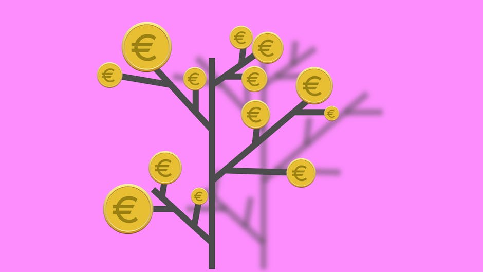 Euro coins on tree branches on pink background of illustration with currency concept