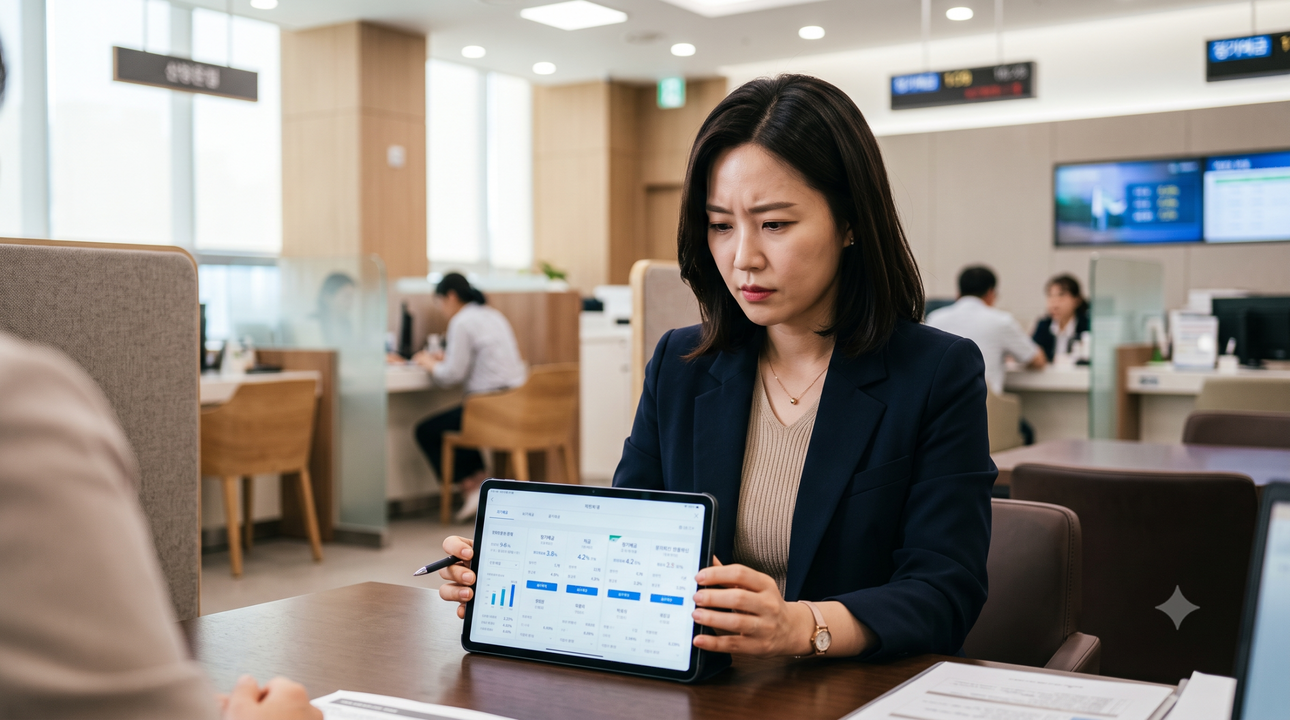 은행에서 태블릿으로 적금, 예금, CMA 상품을 비교하는 한국인 여성