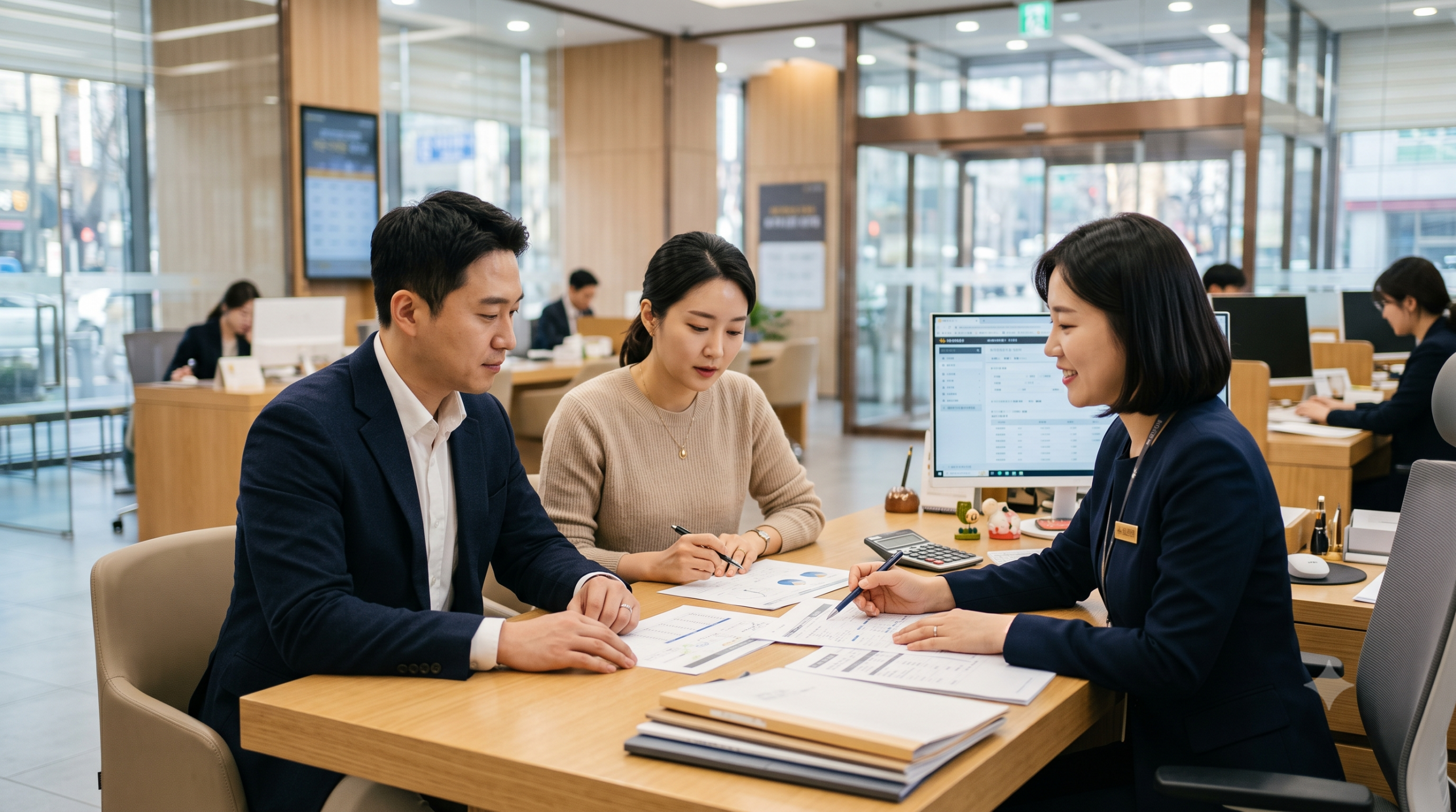 은행 상담 창구에서 대출 금리를 상담받는 한국인 부부